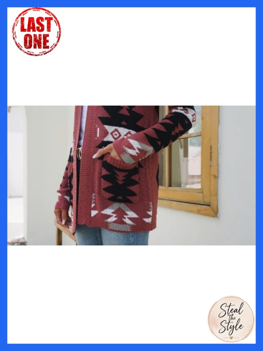 Boho Aztec Open Front Knit Cardigan Loose Sweater Coat with Pockets - Picture 6 of 6
